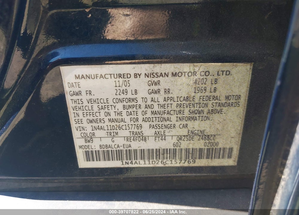 2006 NISSAN ALTIMA 2.5 S VIN: 1N4AL11D26C157769