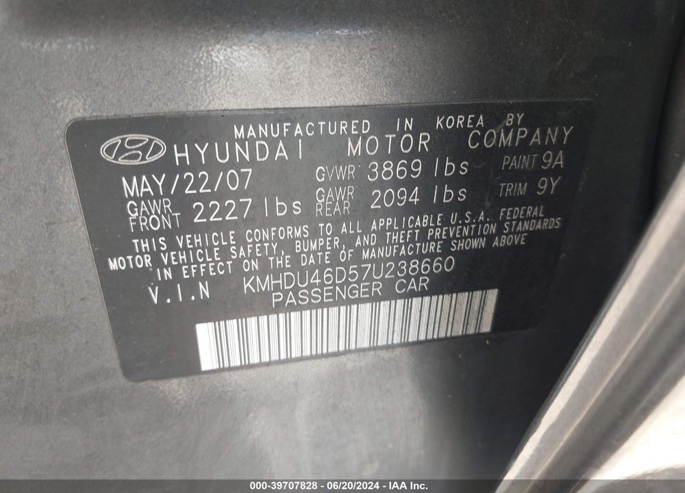 2007 HYUNDAI ELANTRA GLS/LIMITED/SE VIN: KMHDU46D57U238660
