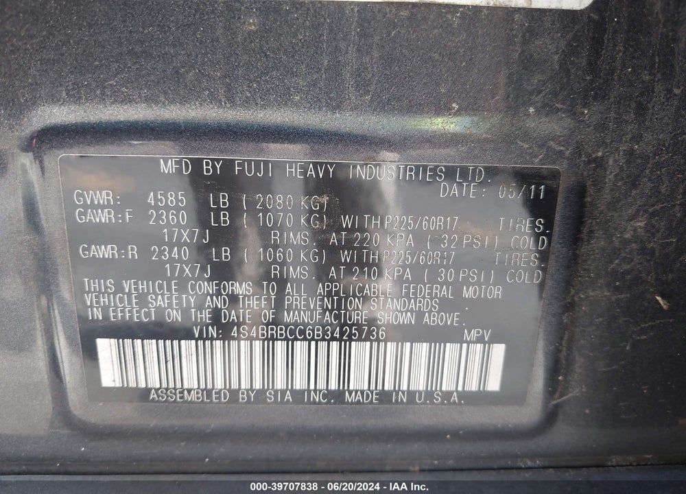 2011 SUBARU OUTBACK 2.5I PREMIUM VIN: 4S4BRBCC6B3425736