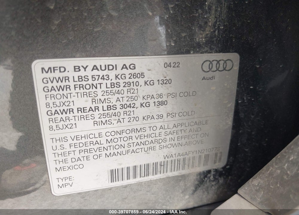 2022 AUDI SQ5 VIN: WA1A4AFY1N2107737