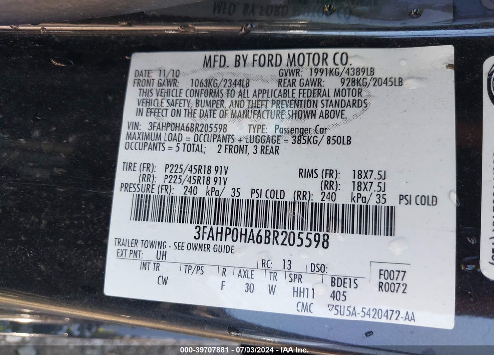 2011 FORD FUSION SE VIN: 3FAHP0HA6BR205598