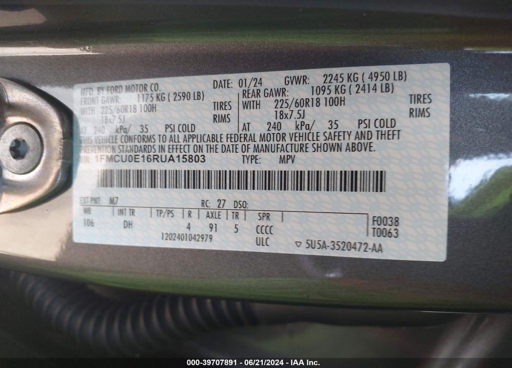 2024 FORD ESCAPE PHEV VIN: 1FMCU0E16RUA15803