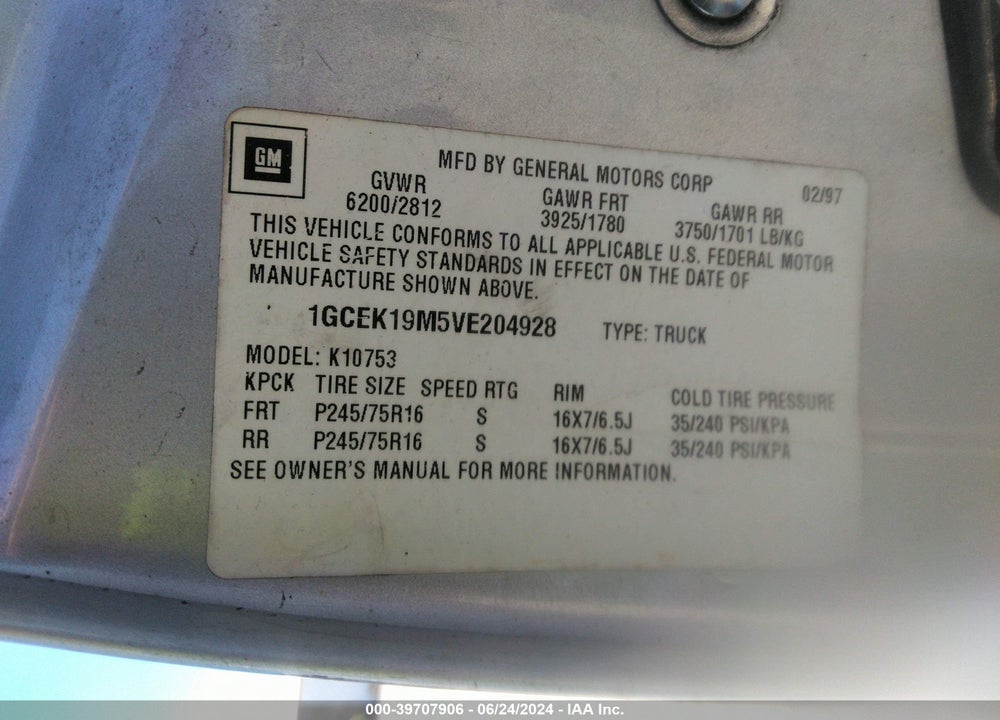1997 CHEVROLET K1500 FLEETSIDE VIN: 1GCEK19M5VE204928