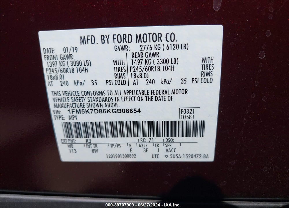 2019 FORD EXPLORER XLT VIN: 1FM5K7D86KGB08654