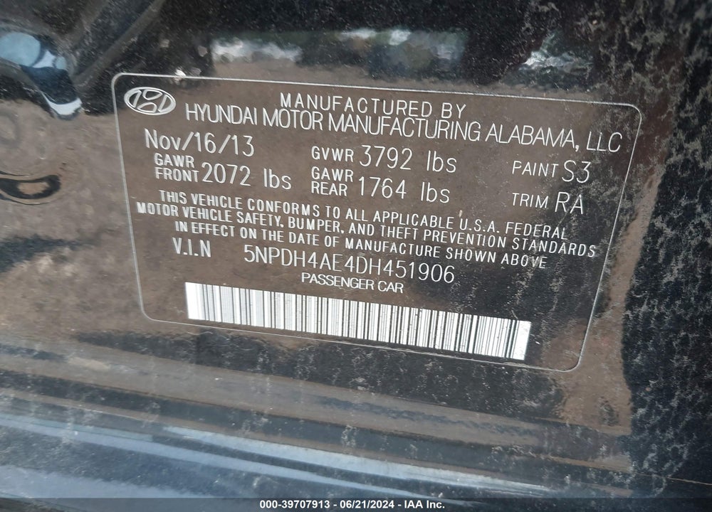 2013 HYUNDAI ELANTRA GLS VIN: 5NPDH4AE4DH451906