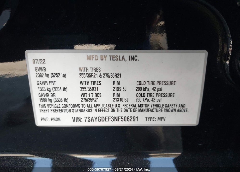 2022 TESLA MODEL Y PERFORMANCE DUAL MOTOR ALL-WHEEL DRIVE VIN: 7SAYGDEF3NF506291