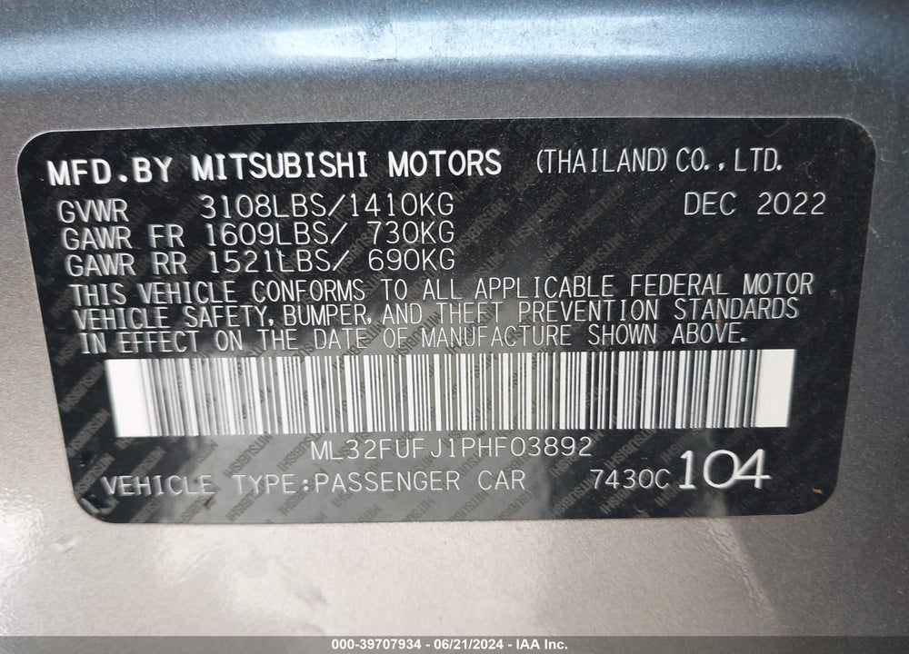 2023 MITSUBISHI MIRAGE G4 ES VIN: ML32FUFJ1PHF03892