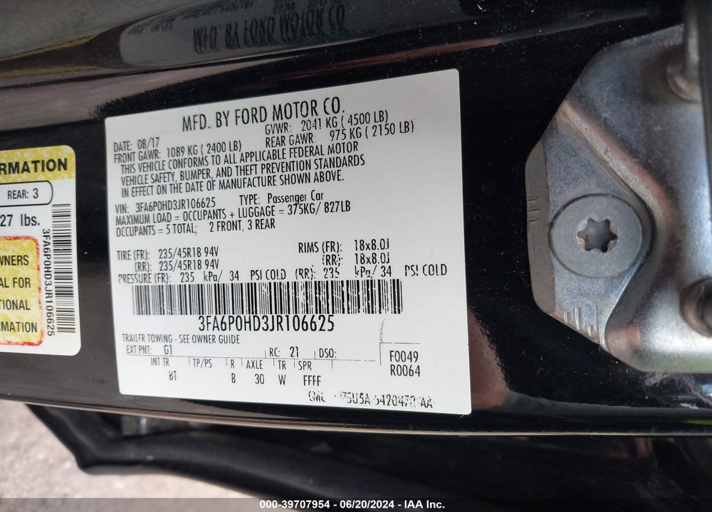 2018 FORD FUSION SE VIN: 3FA6P0HD3JR106625