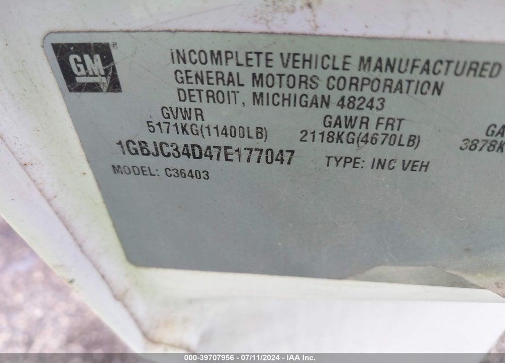 2007 CHEVROLET SILVERADO 3500 CHASSIS CLASSIC WORK TRUCK VIN: 1GBJC34D47E177047
