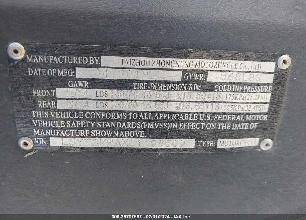 2012 ZNEN ZN150T-G VIN: L5YTCKPAXC1128509