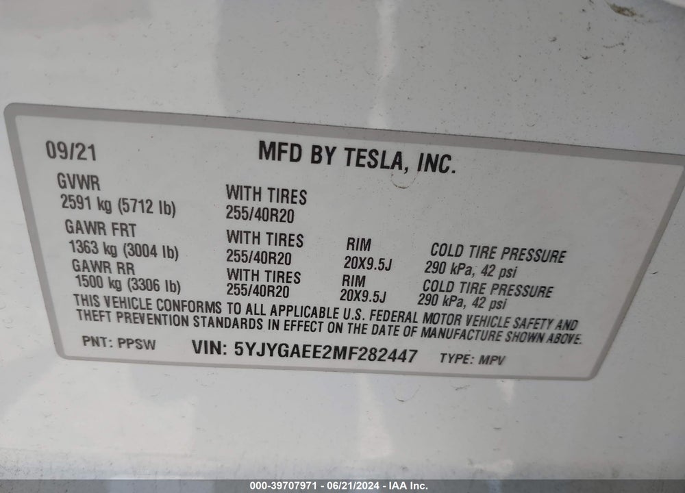 2021 TESLA MODEL Y LONG RANGE DUAL MOTOR ALL-WHEEL DRIVE VIN: 5YJYGAEE2MF282447