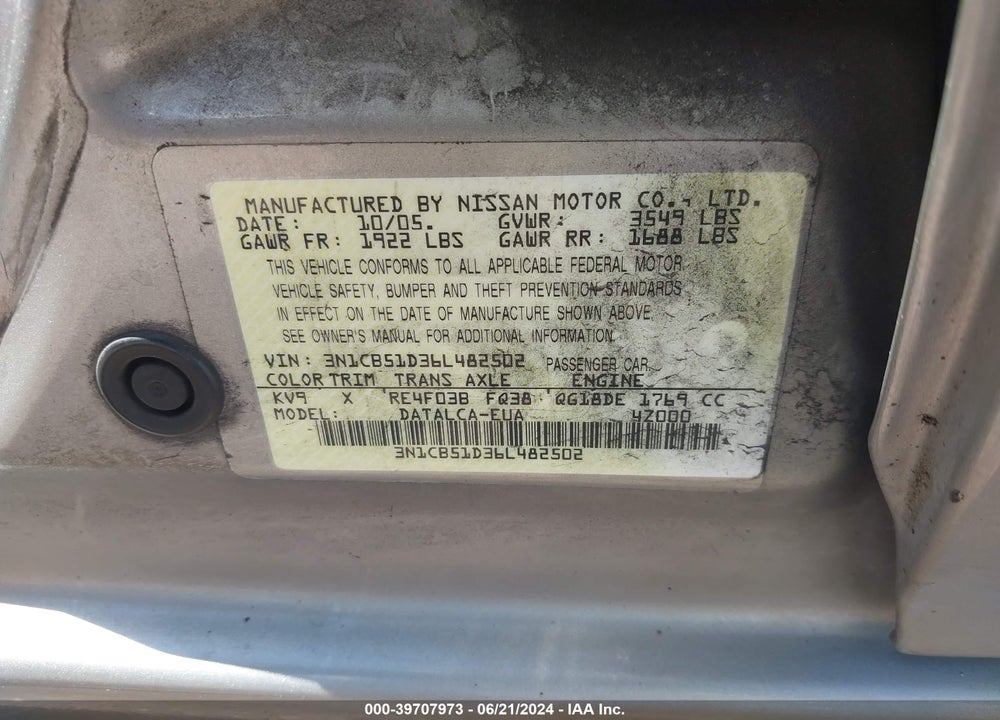 2006 NISSAN SENTRA 1.8 VIN: 3N1CB51D36L482502