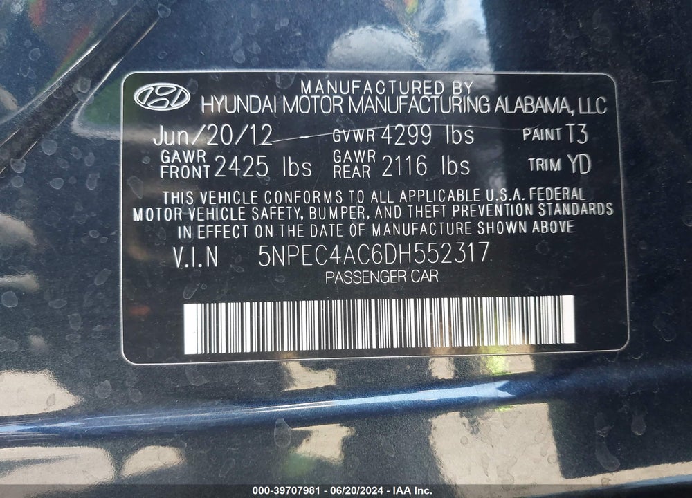 2013 HYUNDAI SONATA LIMITED VIN: 5NPEC4AC6DH552317