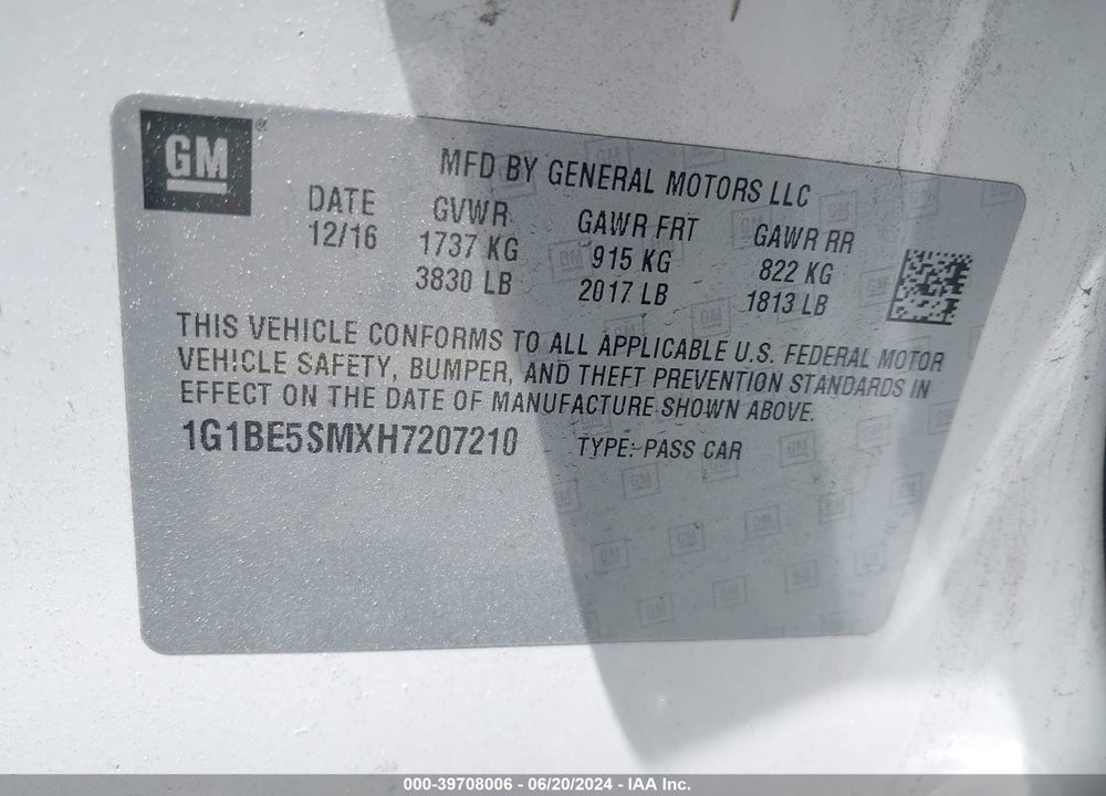 2017 CHEVROLET CRUZE LT AUTO VIN: 1G1BE5SMXH7207210