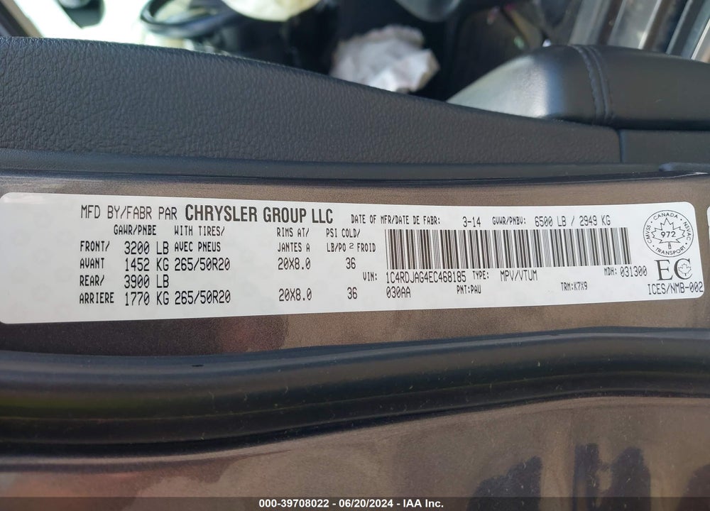 2014 DODGE DURANGO SXT VIN: 1C4RDJAG4EC468185