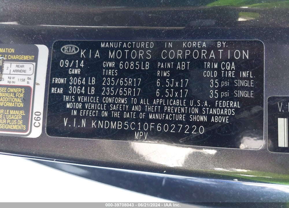 2015 KIA SEDONA LX VIN: KNDMB5C10F6027220