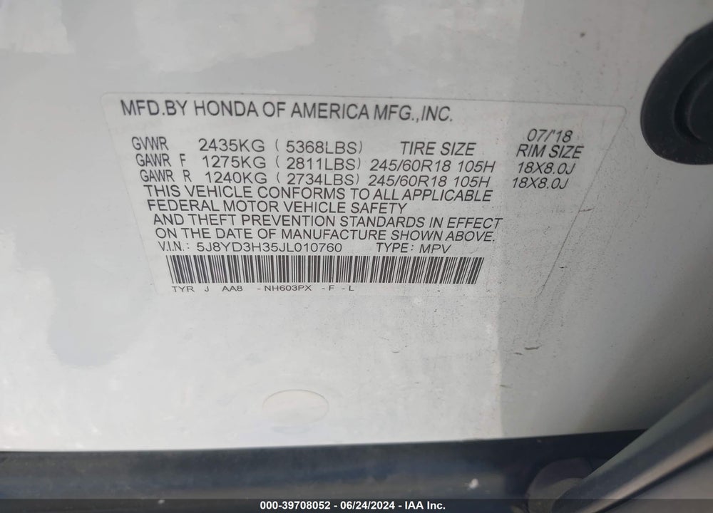 2018 ACURA MDX VIN: 5J8YD3H35JL010760