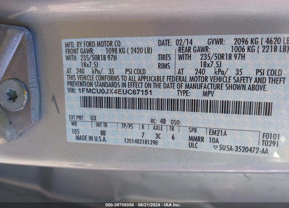 2014 FORD ESCAPE TITANIUM VIN: 1FMCU0JX4EUC67151