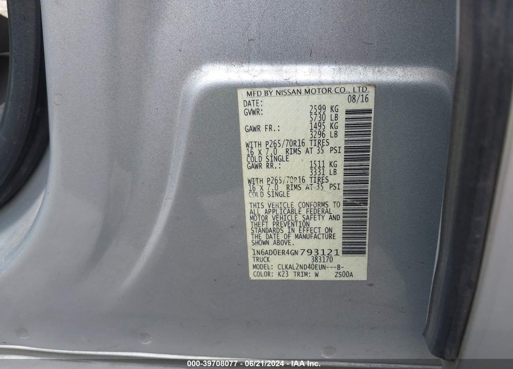 2016 NISSAN FRONTIER SV VIN: 1N6AD0ER4GN793121