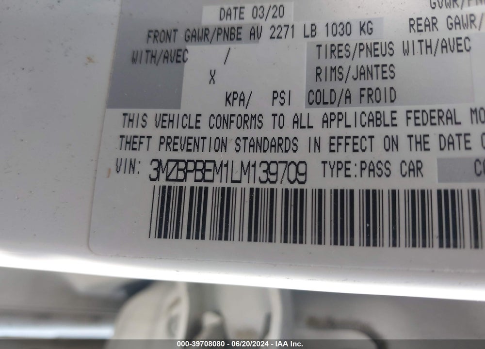 2020 MAZDA 3 PREMIUM PACKAGE VIN: 3MZBPBEM1LM139709