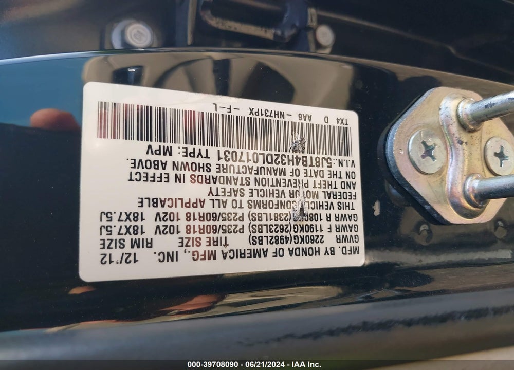 2013 ACURA RDX VIN: 5J8TB4H32DL017031