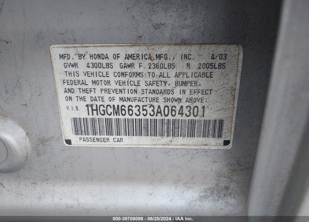 2003 HONDA ACCORD 3.0 LX VIN: 1HGCM66353A064301