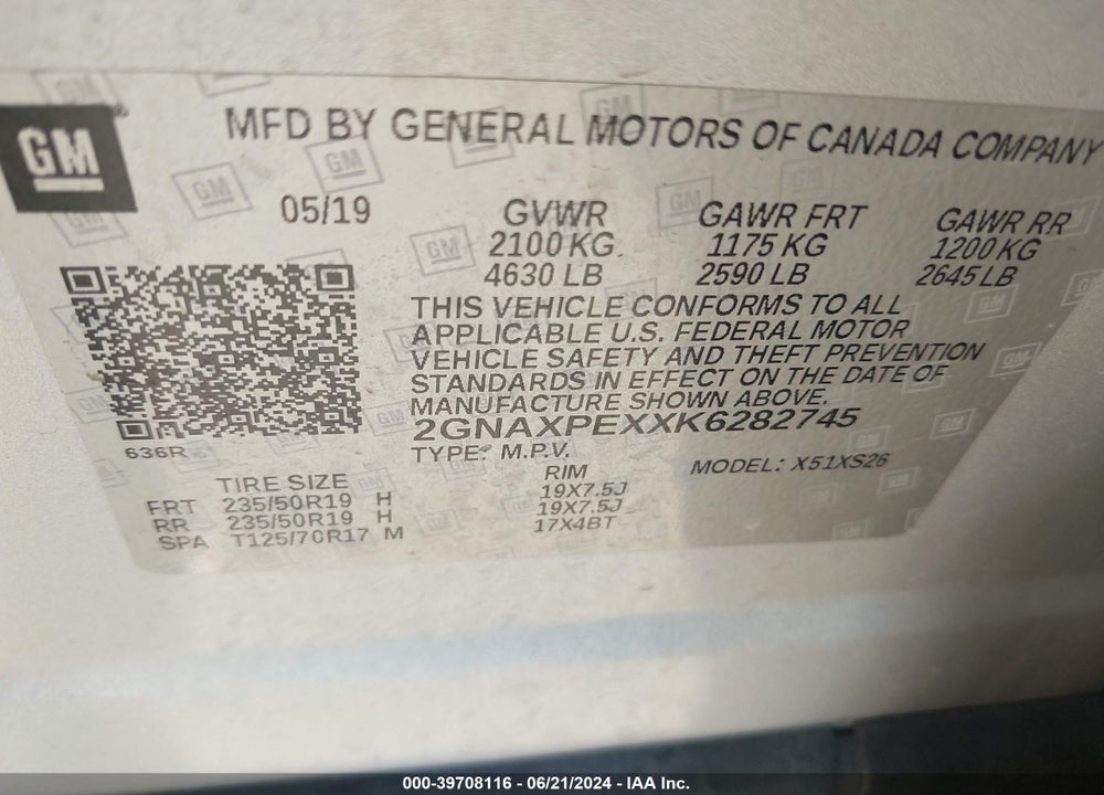 2019 CHEVROLET EQUINOX PREMIER VIN: 2GNAXPEXXK6282745