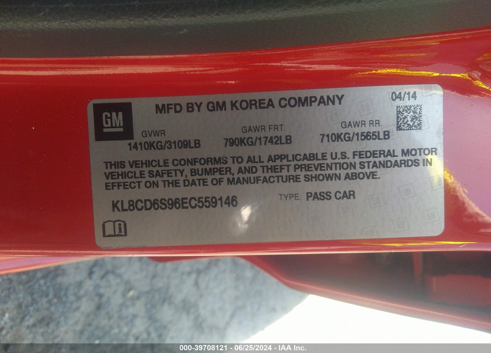 2014 CHEVROLET SPARK 1LT AUTO VIN: KL8CD6S96EC559146