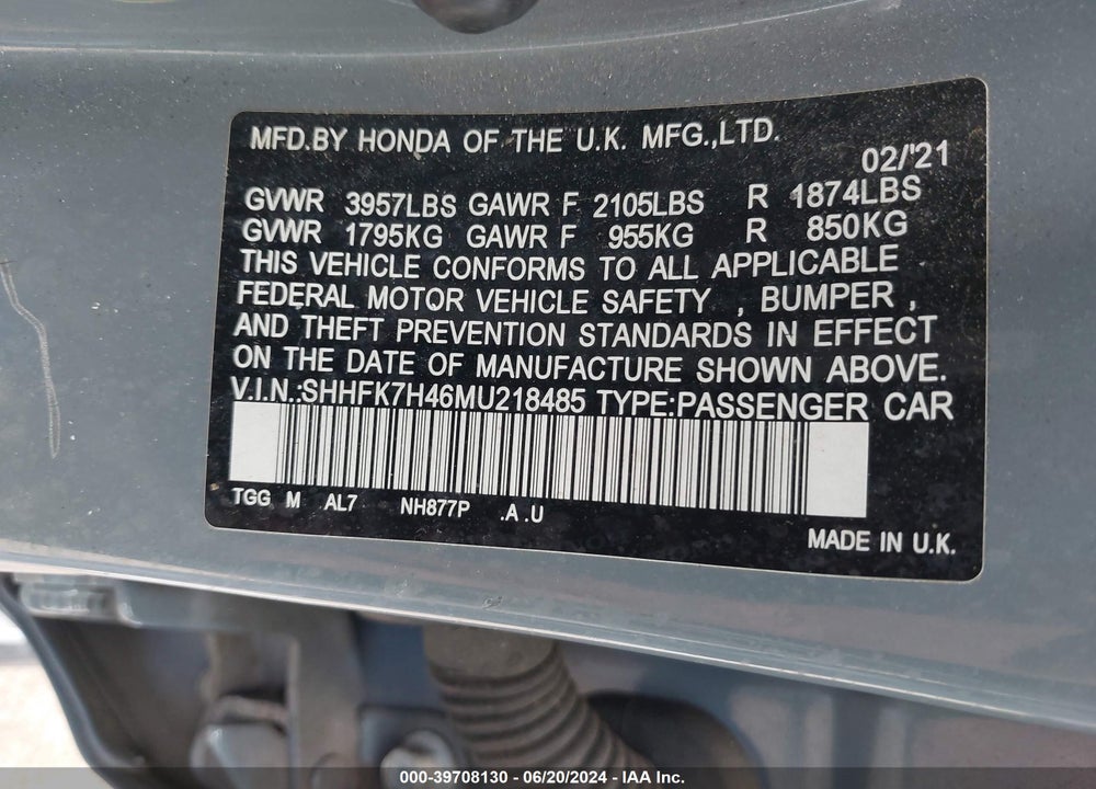 2021 HONDA CIVIC SPORT VIN: SHHFK7H46MU218485