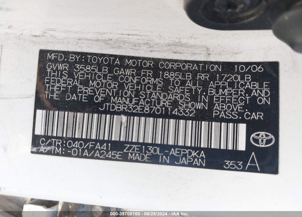 2007 TOYOTA COROLLA CE VIN: JTDBR32E870114332