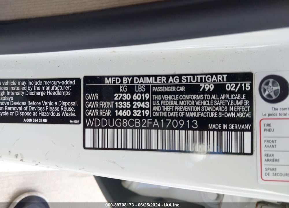 2015 MERCEDES-BENZ S 550 VIN: WDDUG8CB2FA170913