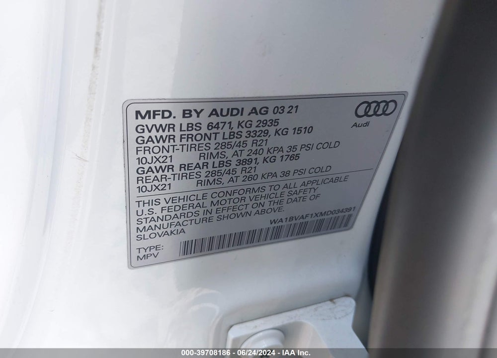 2021 AUDI Q8 PREMIUM PLUS 55 TFSI QUATTRO TIPTRONIC VIN: WA1BVAF1XMD034391