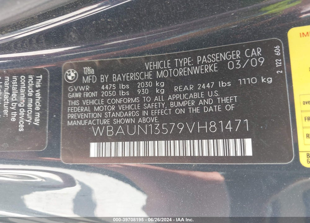 2009 BMW 128I VIN: WBAUN13579VH81471
