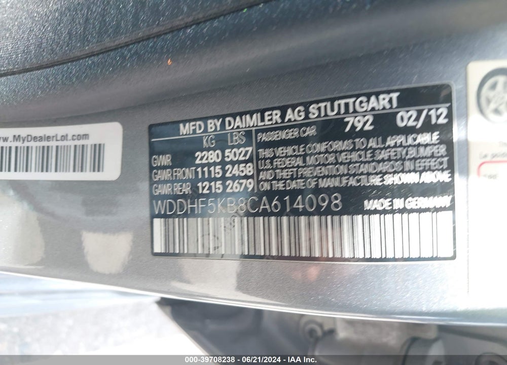 2012 MERCEDES-BENZ E 350 VIN: WDDHF5KB8CA614098