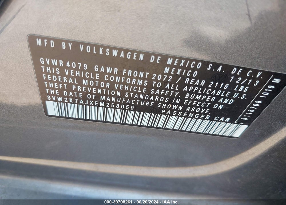 2014 VOLKSWAGEN JETTA 2.0L S VIN: 3VW2K7AJXEM258059