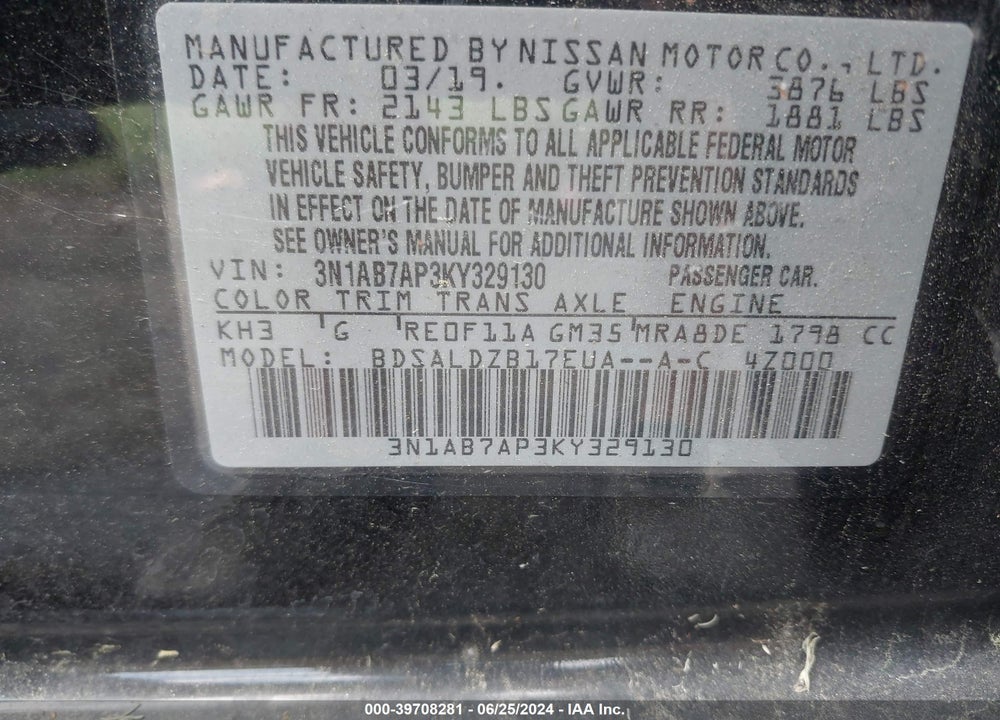 2019 NISSAN SENTRA SV VIN: 3N1AB7AP3KY329130