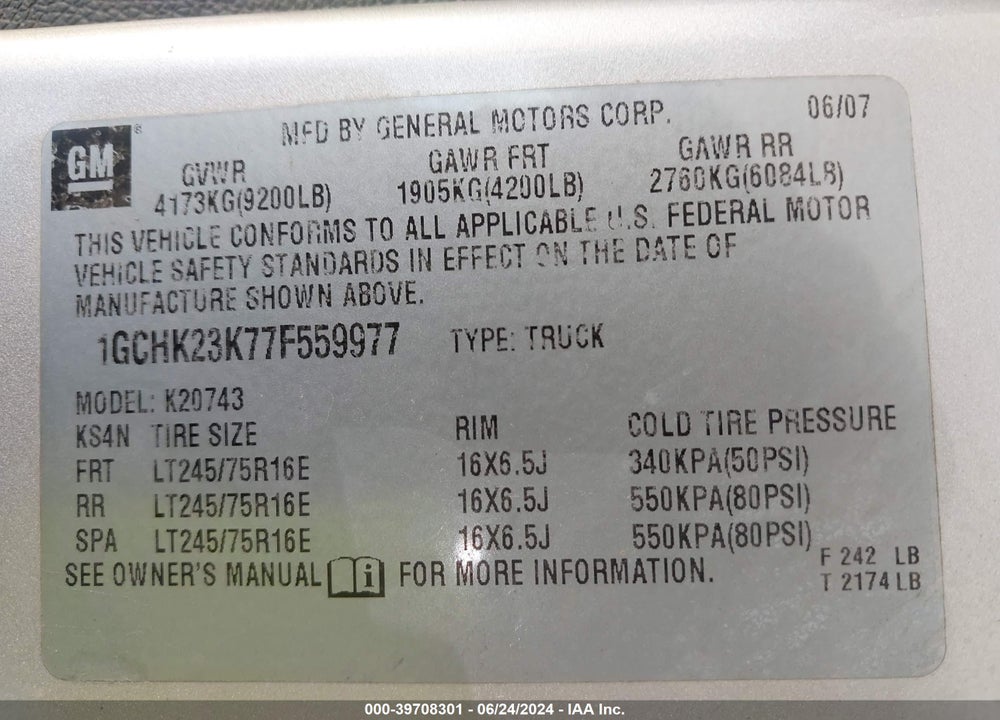 2007 CHEVROLET SILVERADO 2500HD LT1 VIN: 1GCHK23K77F559977