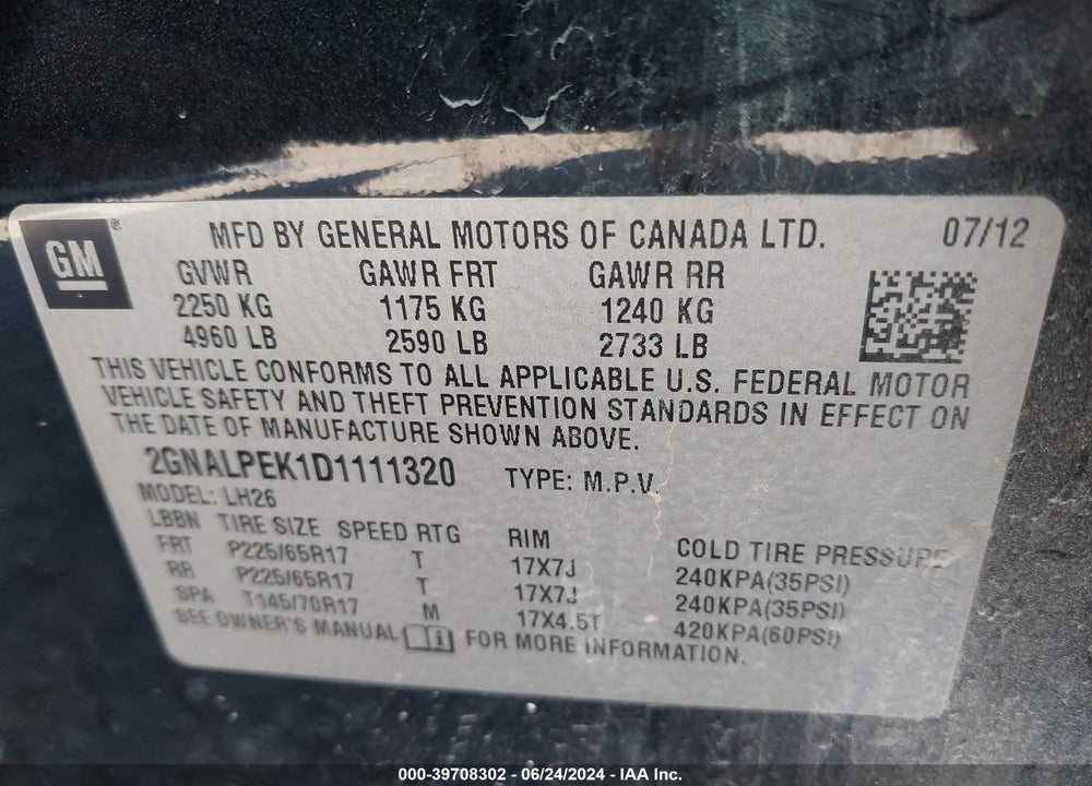 2013 CHEVROLET EQUINOX LT VIN: 2GNALPEK1D1111320