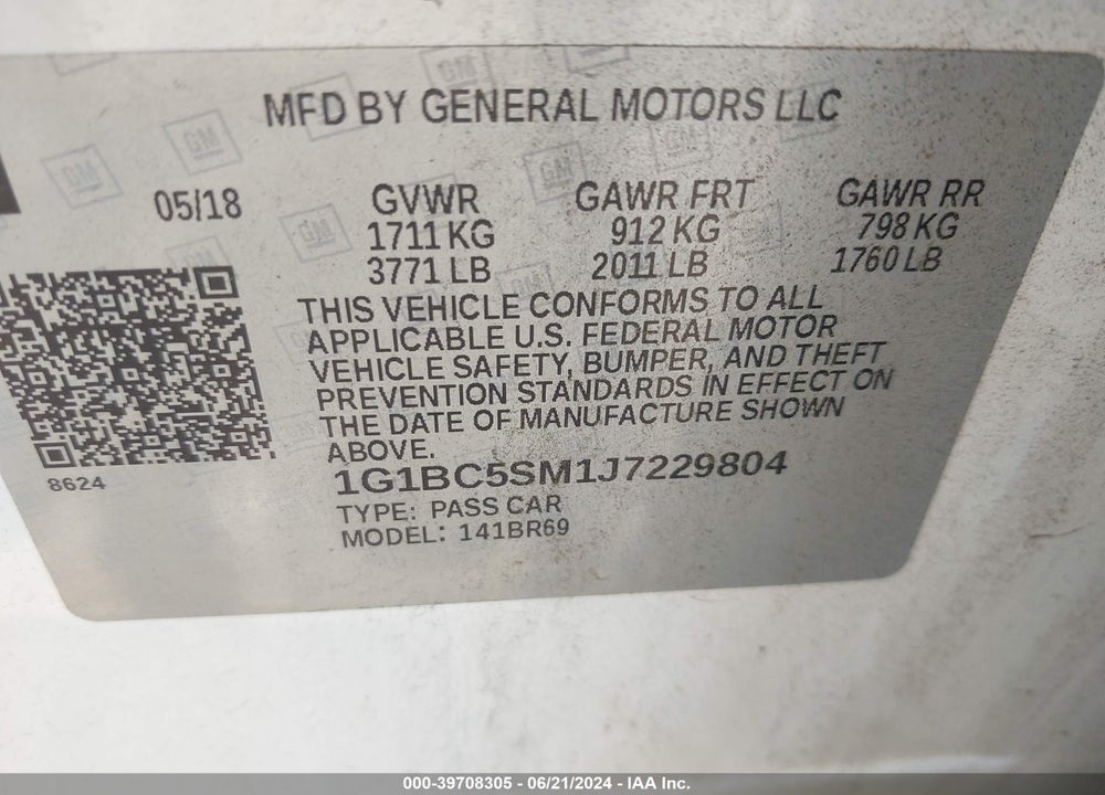 2018 CHEVROLET CRUZE LS AUTO VIN: 1G1BC5SM1J7229804