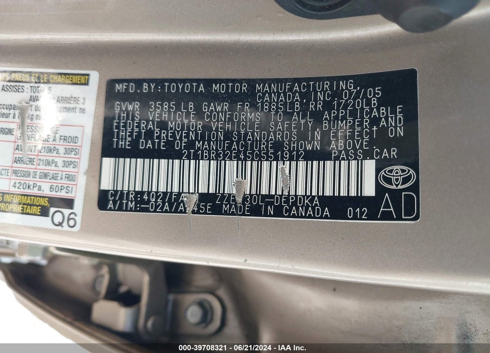 2005 TOYOTA COROLLA CE VIN: 2T1BR32E45C551912