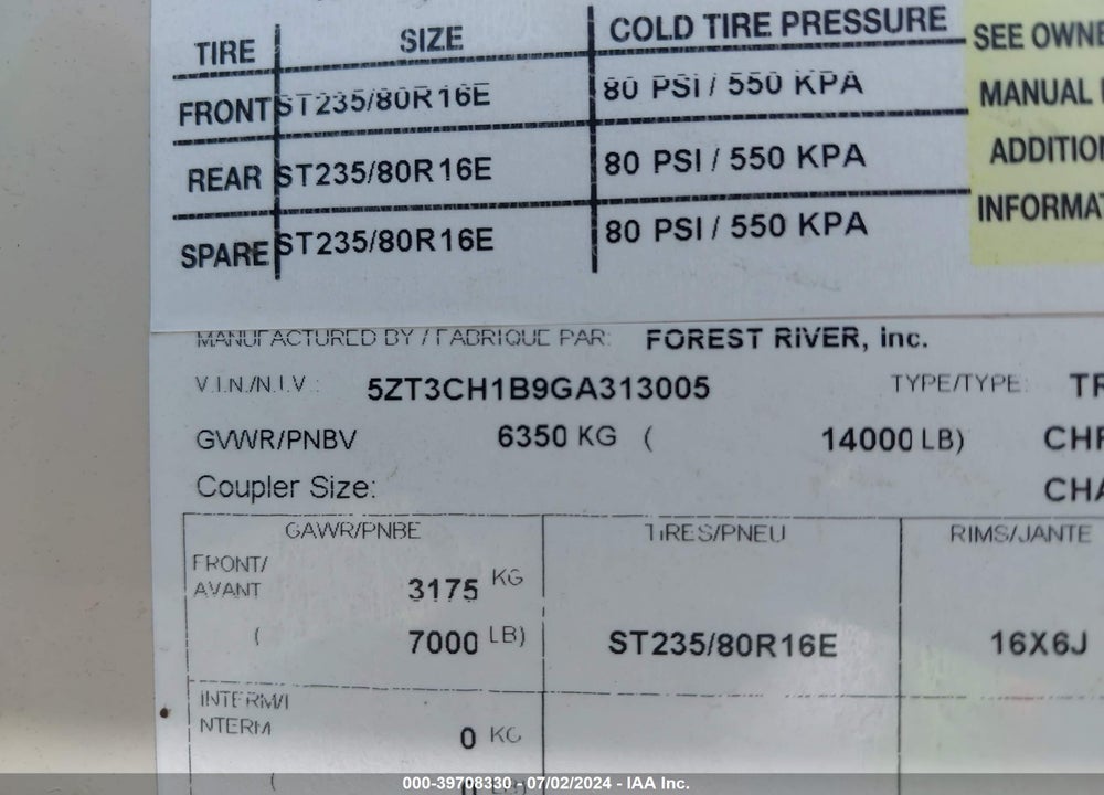 2016 COACHMEN OTHER VIN: 5ZT3CH1B9GA313005