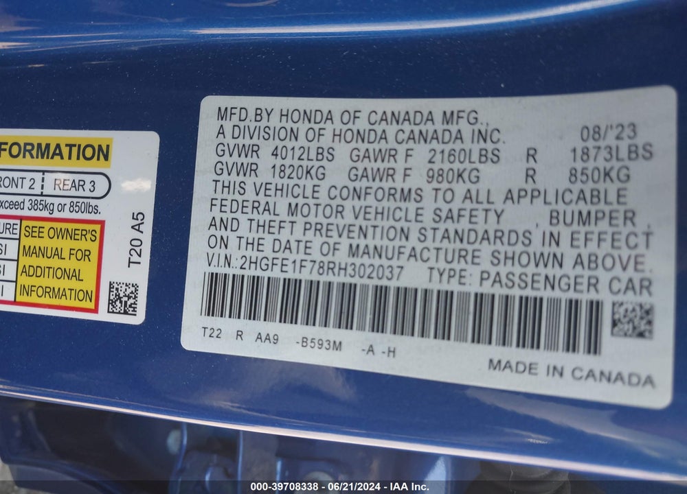 2024 HONDA CIVIC EX VIN: 2HGFE1F78RH302037