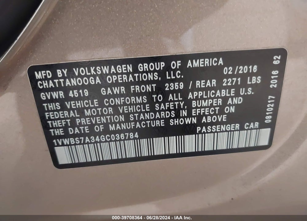 2016 VOLKSWAGEN PASSAT 1.8T SE VIN: 1VWBS7A34GC036784