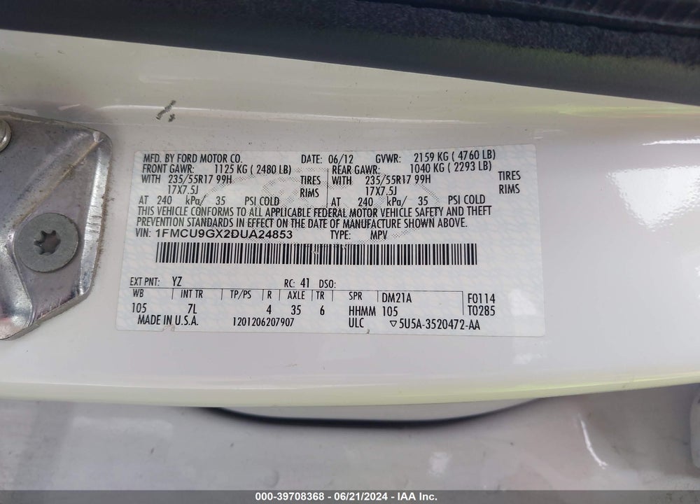 2013 FORD ESCAPE SE VIN: 1FMCU9GX2DUA24853
