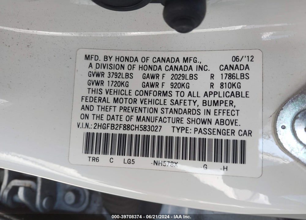 2012 HONDA CIVIC VIN: 2HGFB2F88CH583027