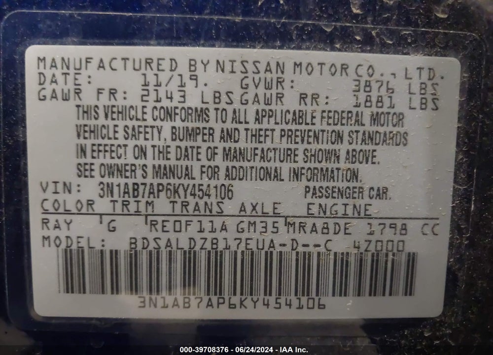 2019 NISSAN SENTRA SV VIN: 3N1AB7AP6KY454106