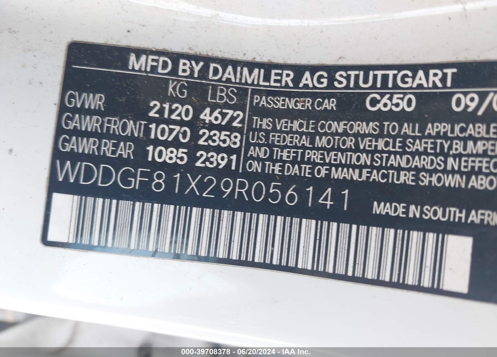 2009 MERCEDES-BENZ C 300 VIN: WDDGF81X29R056141