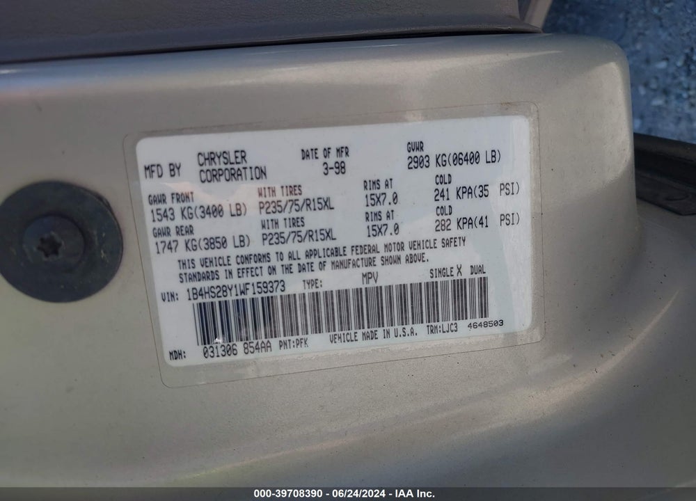 1998 DODGE DURANGO SLT VIN: 1B4HS28Y1WF159373