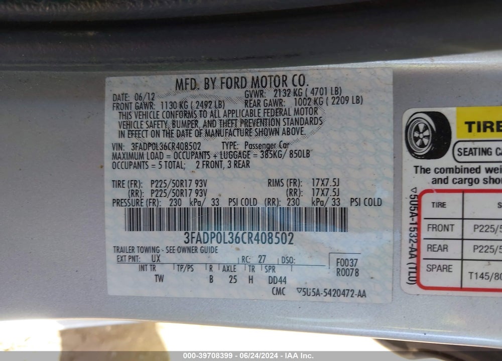 2012 FORD FUSION HYBRID VIN: 3FADP0L36CR408502