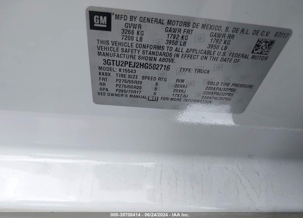 2017 GMC SIERRA 1500 VIN: 3GTU2PEJ2HG502716